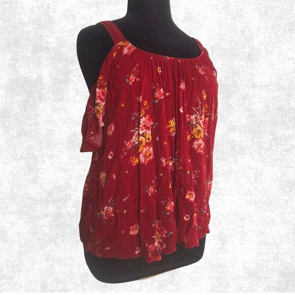 Torrid Red Floral Cold Shoulder Top – Plus Size 1 (14–16) | Boho Gauze Blouse - Picture 5 of 6